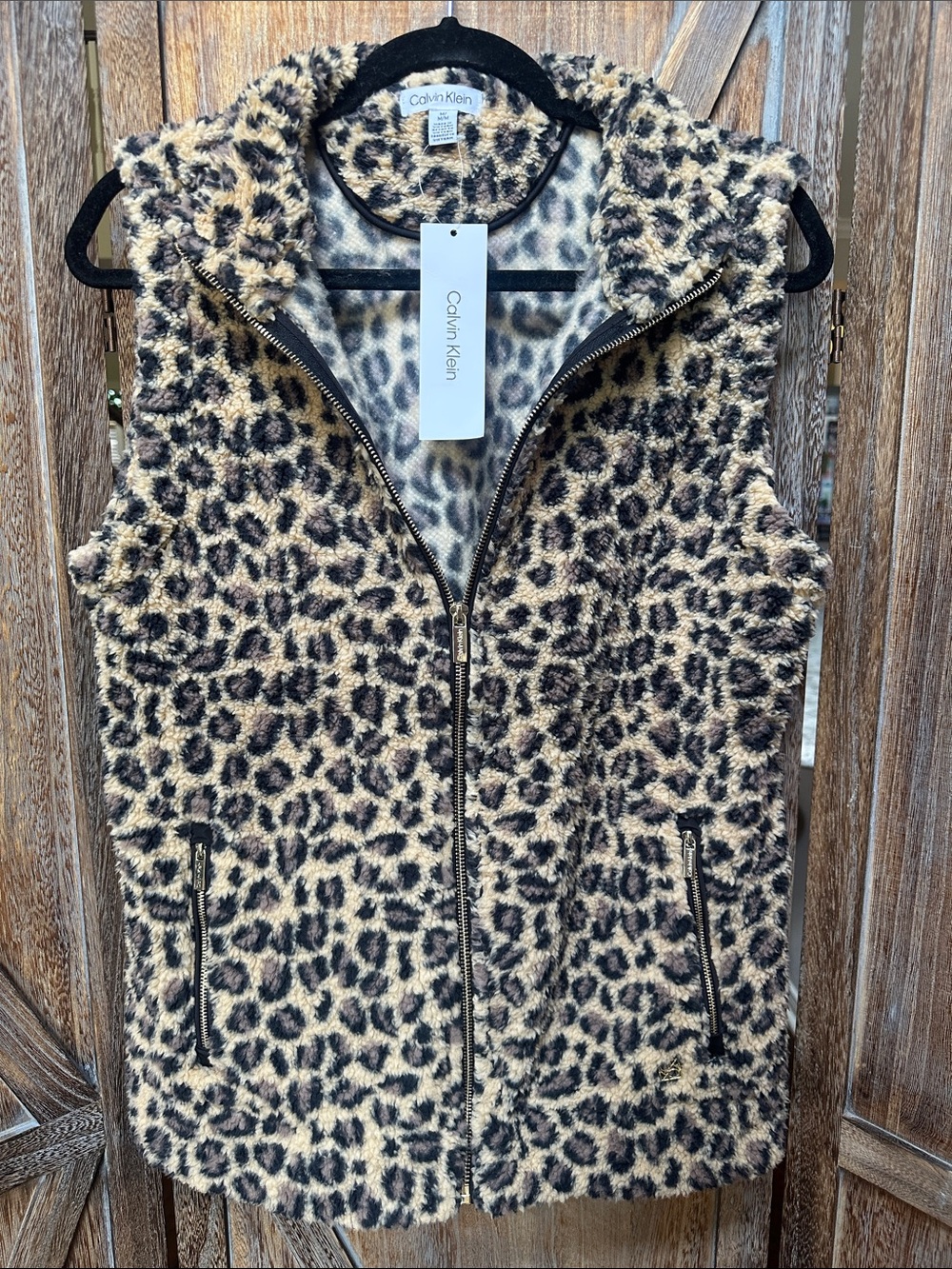 Calvin Klein Leopard Print Faux Fur Zip-Front Vest in Tan Black Women”s Size M